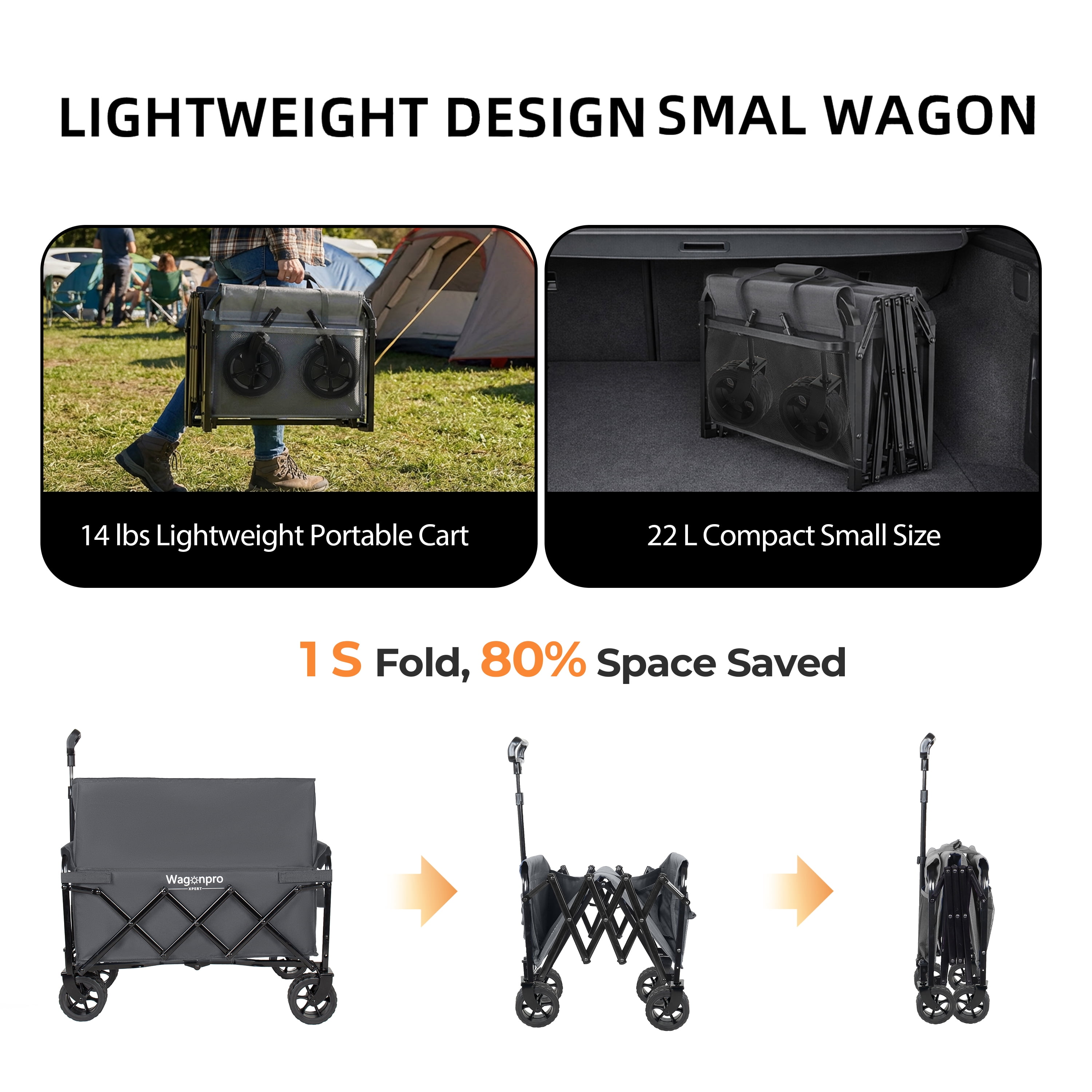 Upgraded 5*2" Wide Wheels-Expandable Dual-Layer Utility Wagon with 100% Extra Space, 220lbs Capacity Grocery Cart for Camping, Shopping, Sports, Gardening, Fishing, Gray