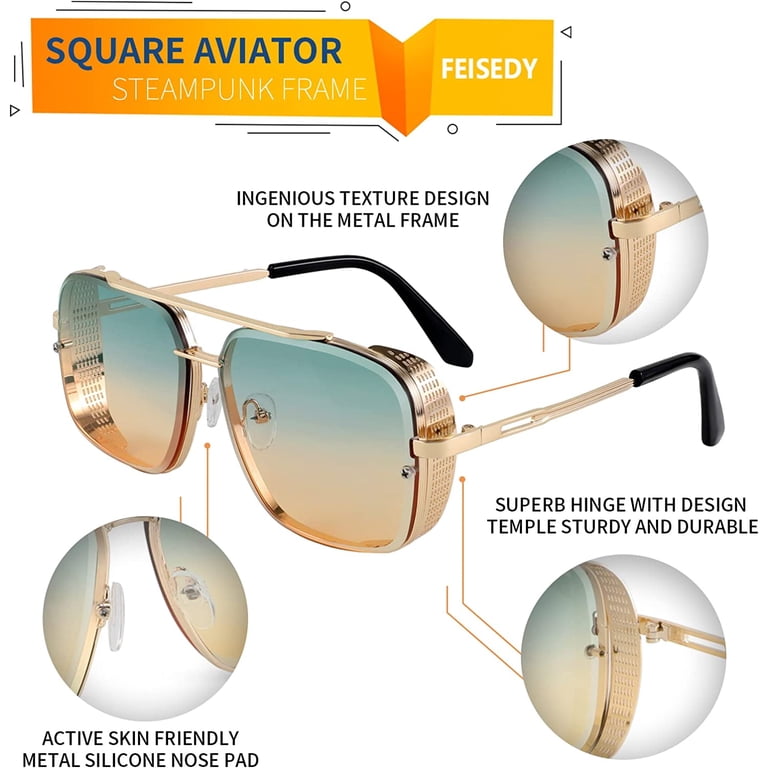 Metal Oversized Square Aviator Sunglasses with Side Shields Oversized Square Aviator Gradient Sunglasses For Men Vintage  main image 3