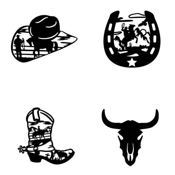 1set 4 pcs Cowboy Theme Wood Wall Art Cowboy Hat Horseshoe Wooden Wall Art Rustic Western Wall Hanging Signs Hollow Wall Art Sculpture for Home Living Room Office Hotel Decor Housewarming Gift