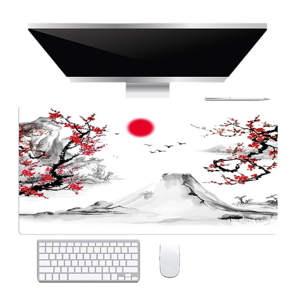 NEONWE Japanese Cherry Blossom Gaming Mouse Pad Red Sun Black and White Ink Painting Large Desktop Mouse Pad with Stitched Edges Non-slip Rubber for Work Office Home, 3mm Thick, 31.5 X 15.75 Inch