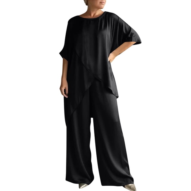 RKSTN Lounge Ensembles pour Femmes Ensembles en Lin Flammé pour Femmes 2 Pcs Col Ras du Cou Manches Courtes Coupe Ample Ensembles Décontractés (Noir, M)