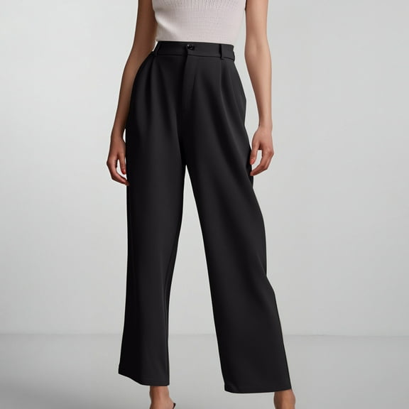 ITSAME Womens Wide Leg Pants, Flowy Loose High Waisted Solid Color Casual Business Trousers Black L