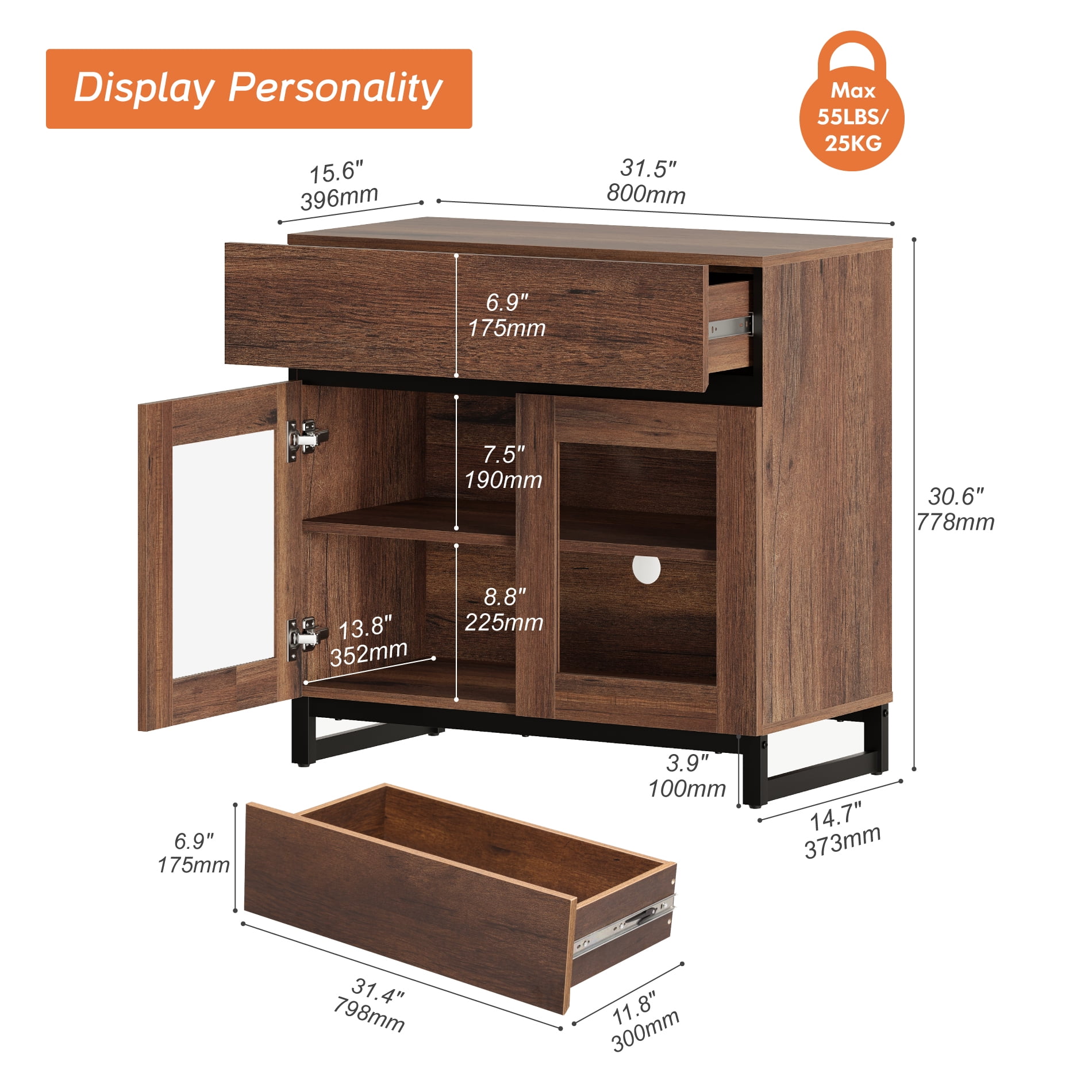 WAMPAT 3-in-1 Modern Entertainment Center TV Stand for TVs up to 100 Inch, with Metal Base & 2 Adjustable Shelves, Living Room TV Console, Brown