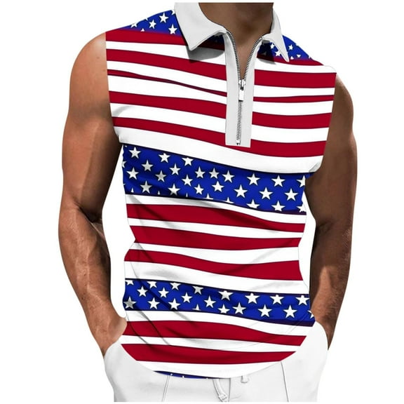 Ynynloco Men's 4th of July Shirt Sleeveless 1/4 Zip Collared Tank Tops Men Summer Independence Day Striped Vintage Graphic Tees