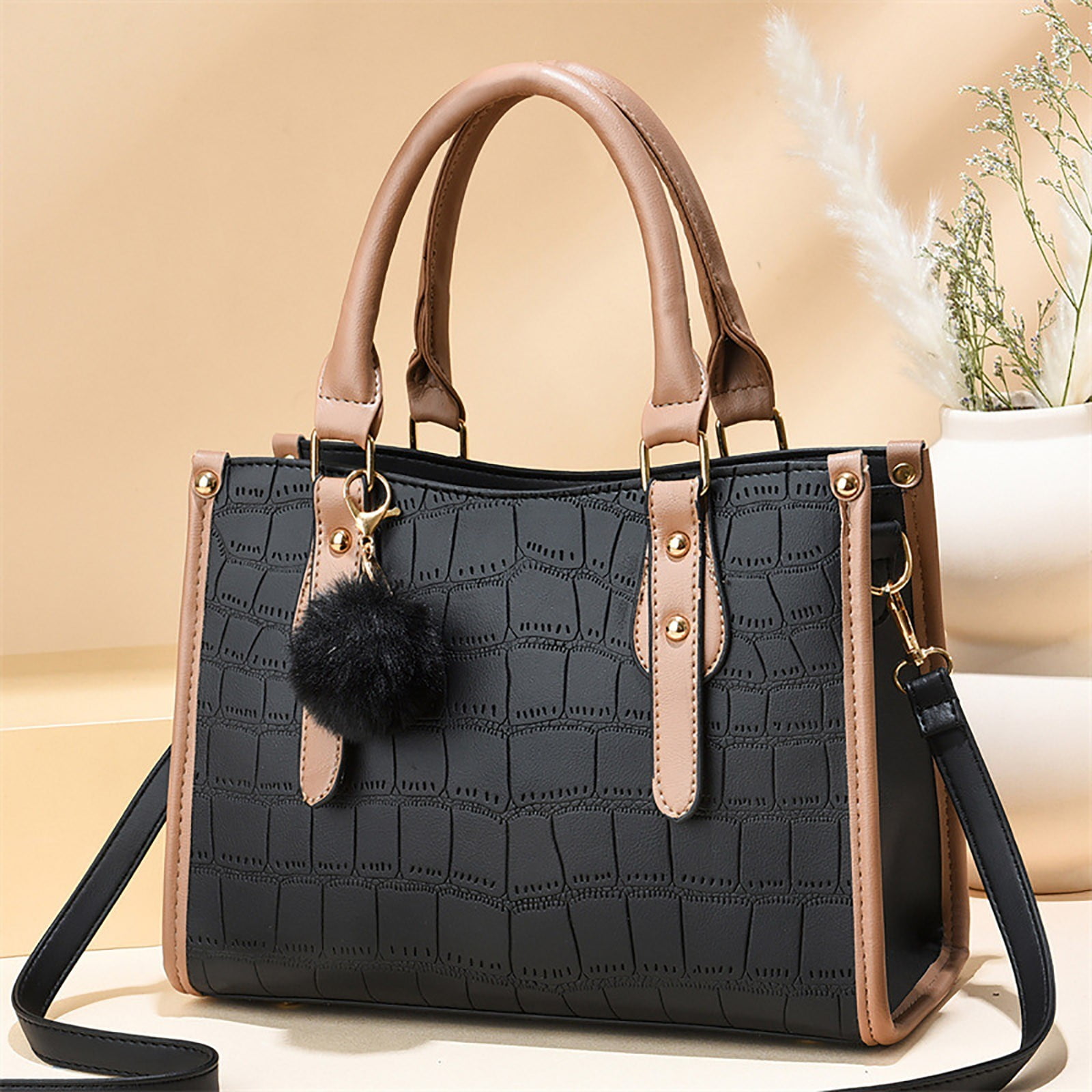 Lispipm Purses and Handbags for Women Fashion Ladies Top Handle Satchel Shoulder Bag Large Capacity Compartments Tote Bags With Plush Pendant Black