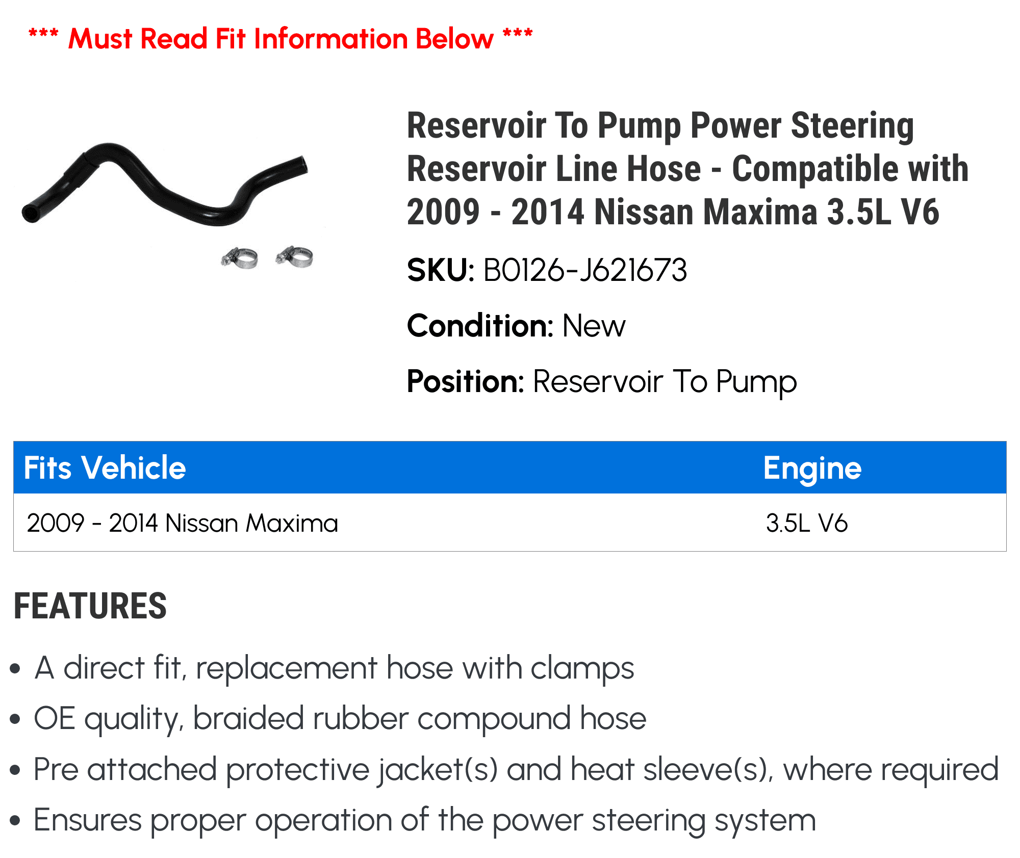 Reservoir To Pump Power Steering Reservoir Line Hose - Compatible with 2009 - 2014 Nissan Maxima 3.5L V6 2010 2011 2012 2013