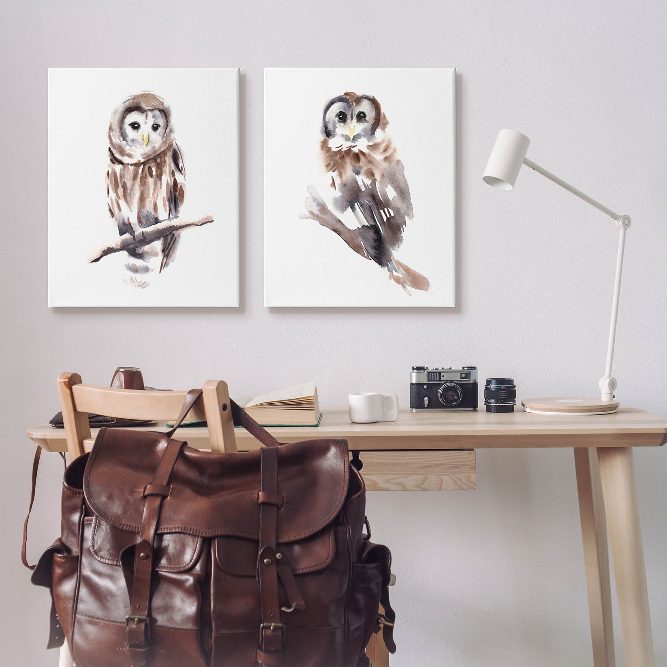 Stupell Industries Perched Owl Wildlife Portrait Painting Gallery Wrapped Canvas Print Wall Art, Set of 2, Design by Annie Warren
