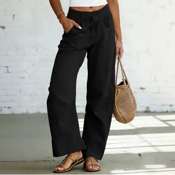 ClodeEU Women's Linen Elaist Waisted Wide Leg Pants, Casual Breathable Trousers with Pockets Black,Women's Plus L