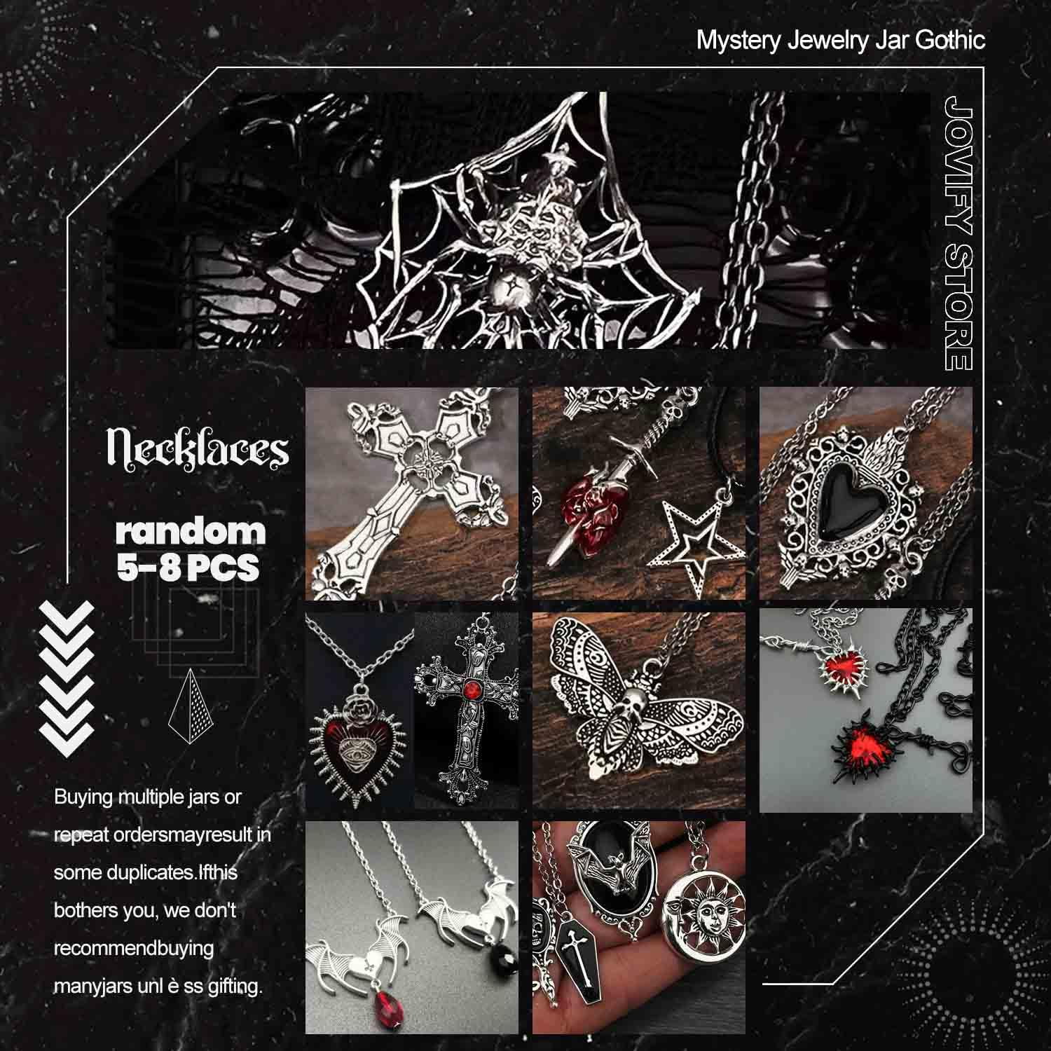 Mystery Jewelry Jar, Surprise Gothic Jewelry Box Sets for Women, Scary Witch Gift with Unique Birthday Halloween Gothic Red & Black Vampire Spooky Season Accessories(45-55PCS)