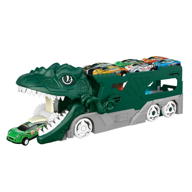 Camión de dinosaurios de juguete para niños. Se transforma con un circuito de pistas. Transportador de dinosaurios definitivo para la ciudad con 6 vagones. Regalo de cumpleaños para niños de 3 a 8 año