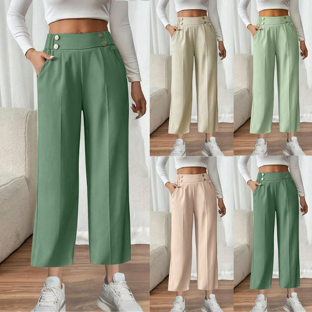 Women High Waisted Elastic Pants, Solid Color Casual Workwear, Stretchy Comfortable Fabric, Slim Fit Design, For Office Daily Use, Versatile Styling, Soft Cotton Blend, Long Length, 9-12 Months,