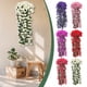 thumbnail image 1 of Flores colgantes artificiales violetas decorativas | Vid de orquídea de seda artificial | Flores exuberantes púrpuras de 5 pétalos | 4 ramos | Interior, exterior, hogar, jardín, boda, pared | 33.6", 1 of 7