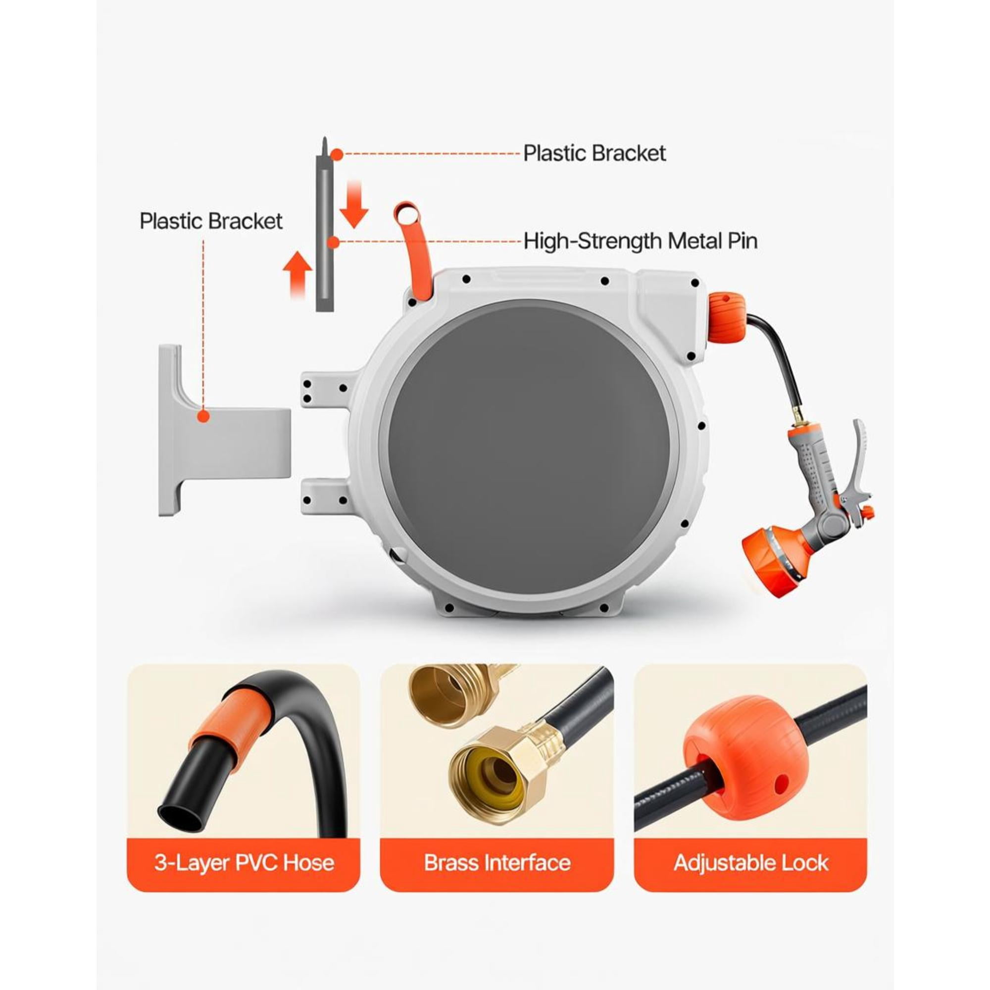Retractable Garden Hose Reel, 1/2" x 65ft Wall Mount Hose Reel with 9-Pattern Nozzle, Any Length Lock, 180° Swivel Bracket for Yard, Lawn