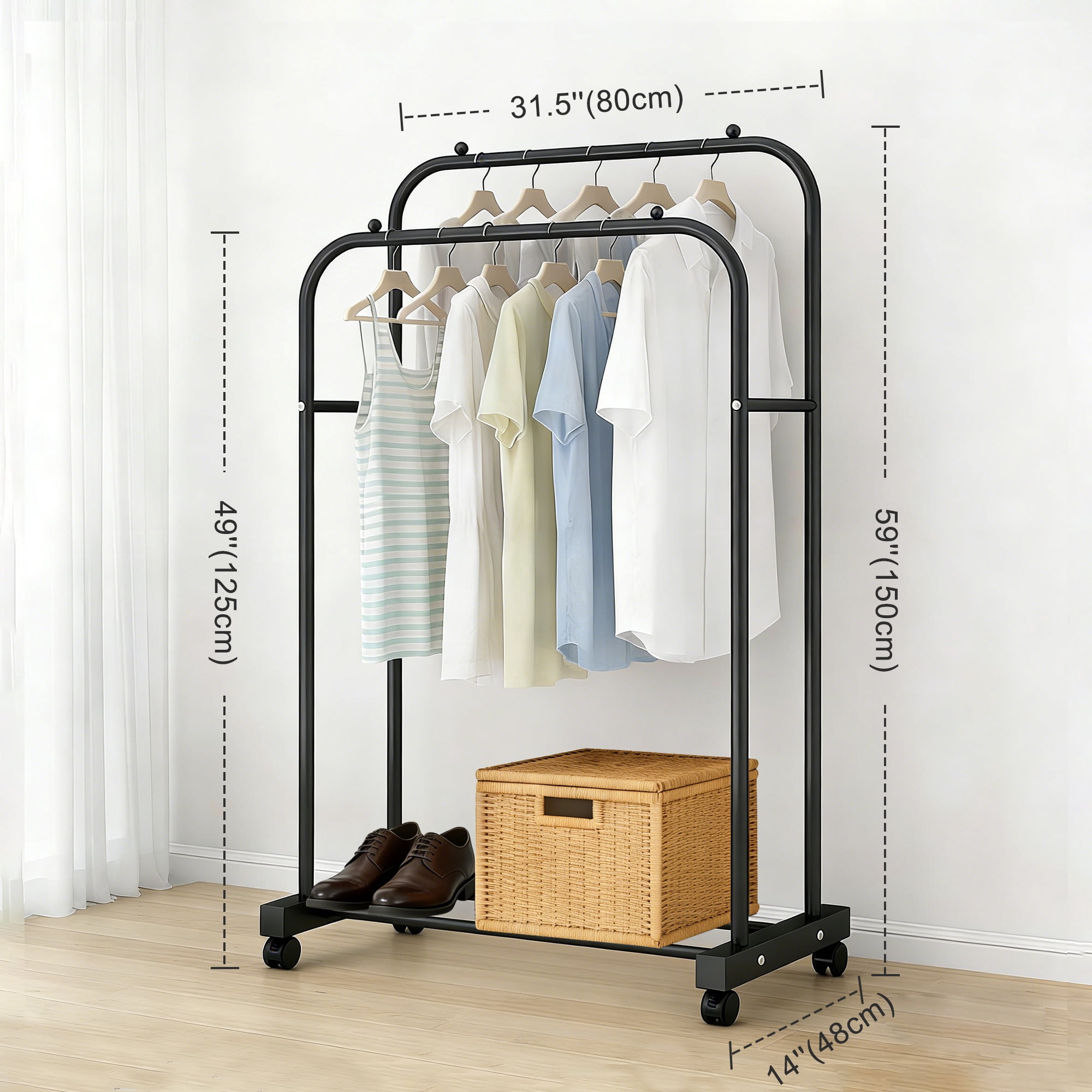GARITIN Clothes Rack, Garment Rack, Rolling Heavy Duty Double Rod Clothing Rack with Wheels, Portable Closet Rack for Hanging Clothes for Bedroom, Laundry, Entryway, Black