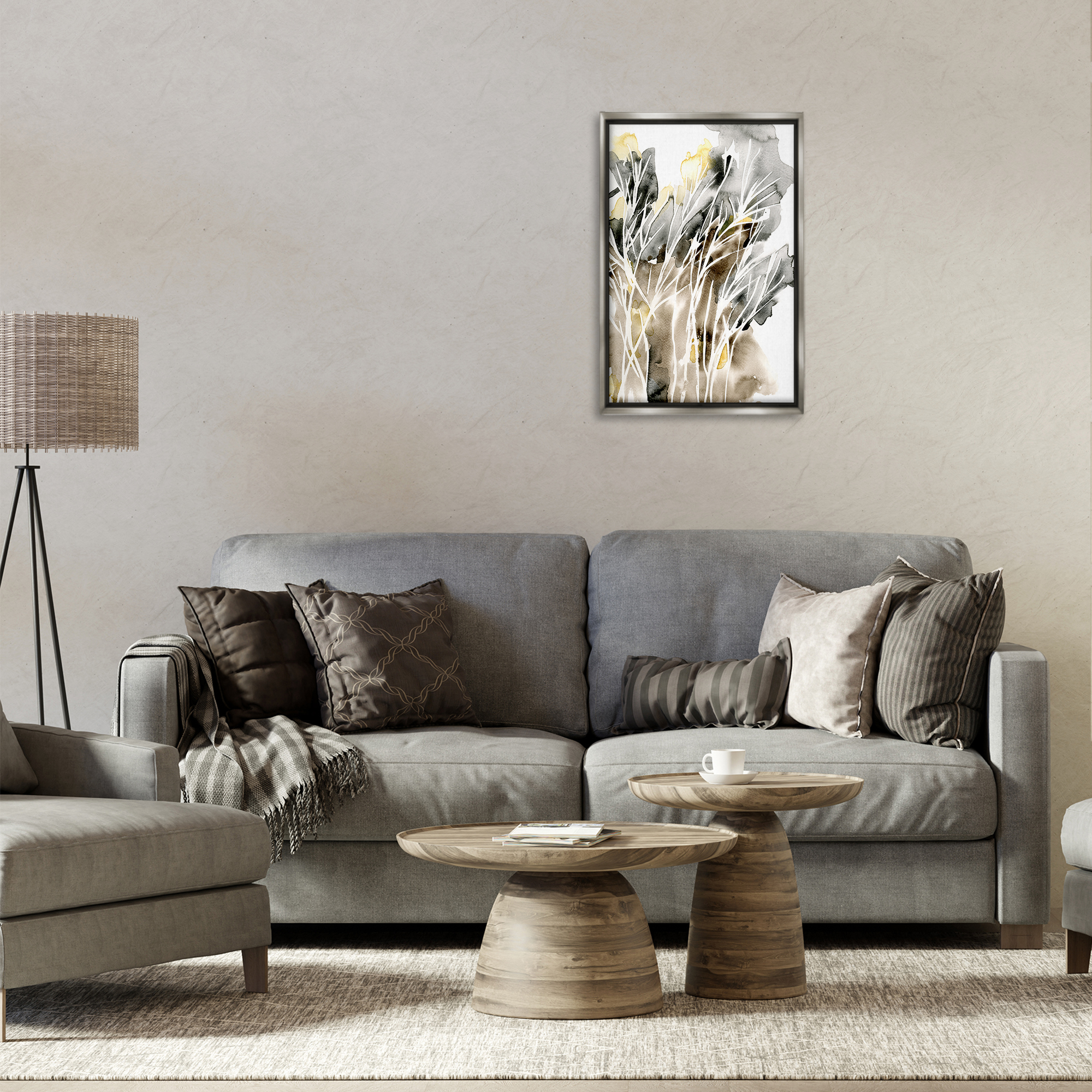 Stupell Industries White Strands Watercolor Plants & Flowers Painting Gray Floater Framed Canvas Art Print Wall Art, 17 x 25