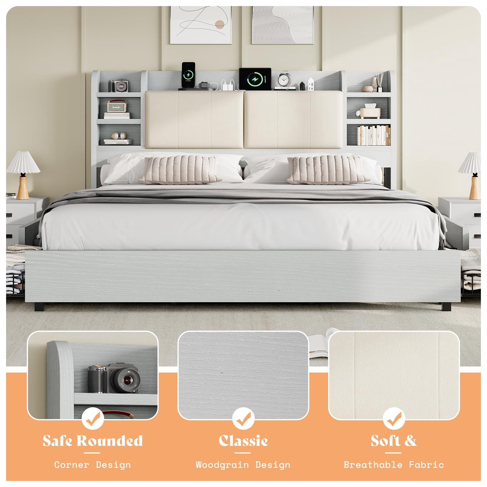 amerlife King Size Bed Frame with 4 Storage Drawers with 47.2" Bookcase Headboard, Charging Station,Light Grey