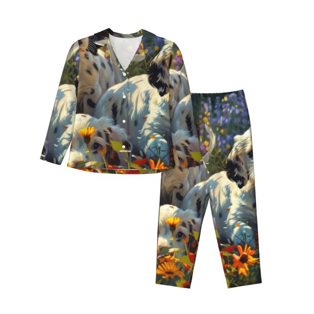 Balery Sunflower Field Spotted Dog Conjunto de Pijama con Estampado para Mujer, Conjunto de Dos Piezas con Manga Larga, Ropa de Dormir Suave con Bolsillos, Pijamas Cómodos-Medium