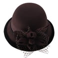 thumbnail image 3 of Women's Wool Felt Hat with Elegant Net Fabric Flower, Round Top Bucket Hat for Women, Vintage Tea Party Hat for Church, Wedding, and Special Occasions - Brown, 3 of 6