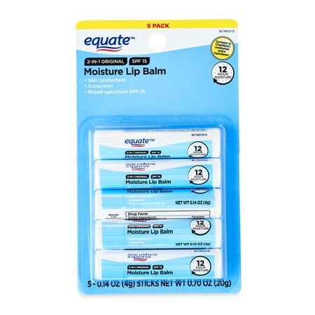 Equate 2-in-1 Original SPF 15 Moisture Lip Balm, 0.7 oz, 5 Count