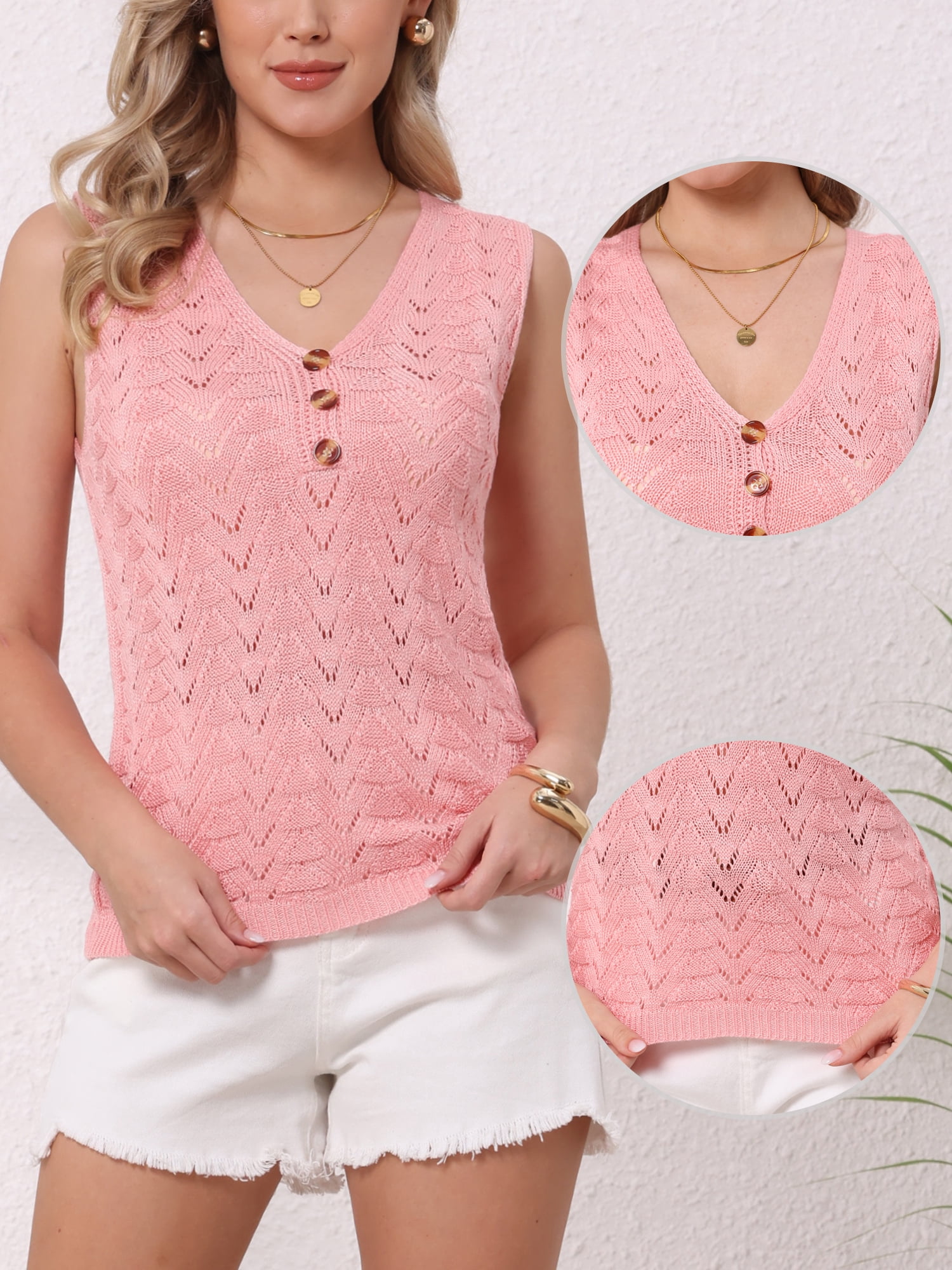 DARING DIVA Women's Crochet Eyelet Blouse Knit Tank Tops Sleeveless Pullover M Pink