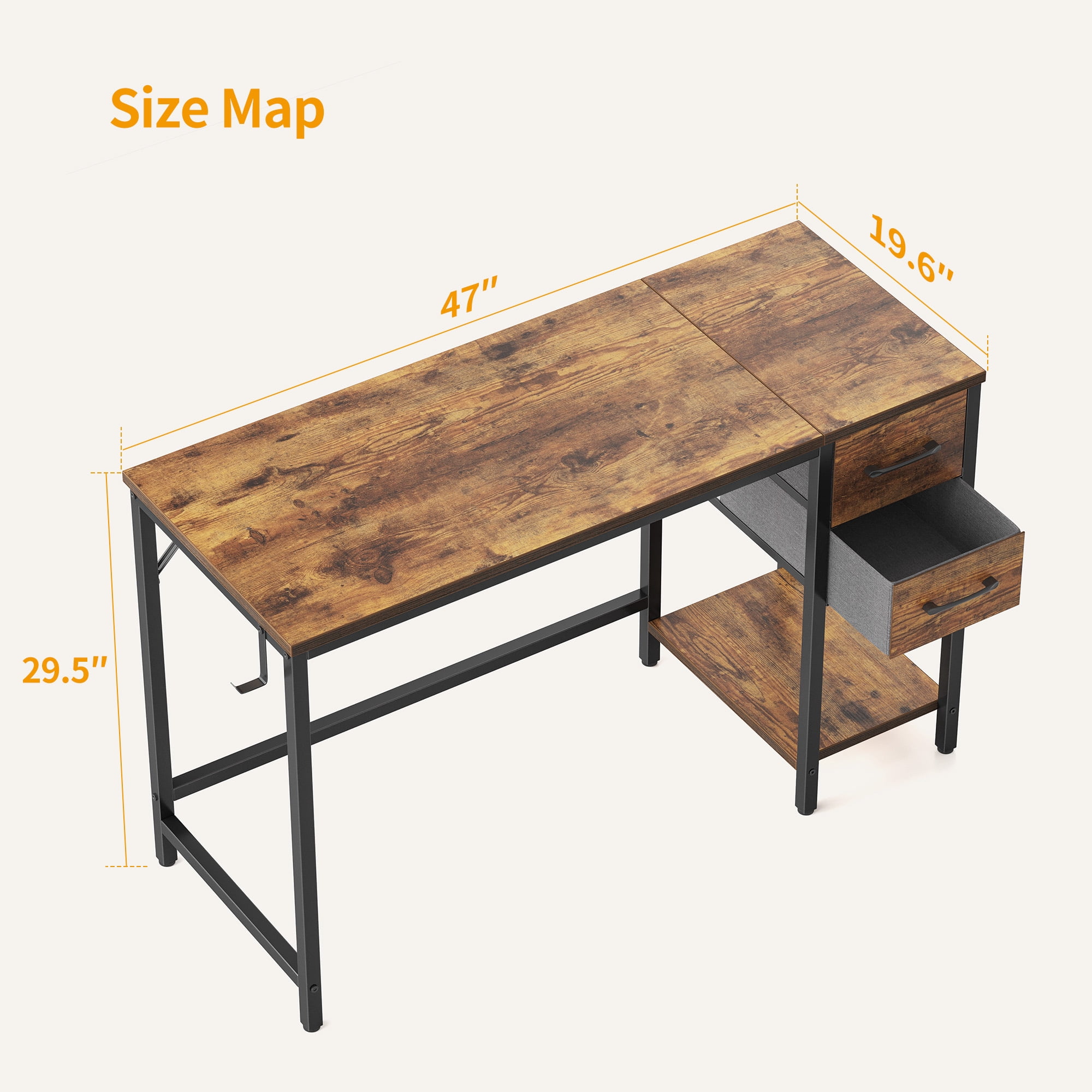 DESINO Computer Desk with Drawers, 47 Inch Study Writing Table, Modern Simple Style PC Desk for Bedroom, Gaming, Rustic Brown