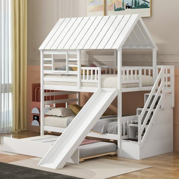 Harper & Bright Designs Twin Over Twin House Bunk Beds with Slide, Twin Bunk Bed with Storage Stairs and Trundle, Wood Bunk Bed with Roof and Window for Bedroom, White