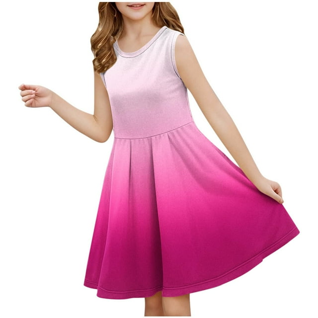 Cotton Girls Robe d'Été Douce en Solde Robes Débardeurs pour Filles Robe d'Été Tendance à Imprimé Dégradé Robe Fluide Décontractée Sans Manches Robe de Plage Ligne A Roses 13 Ans