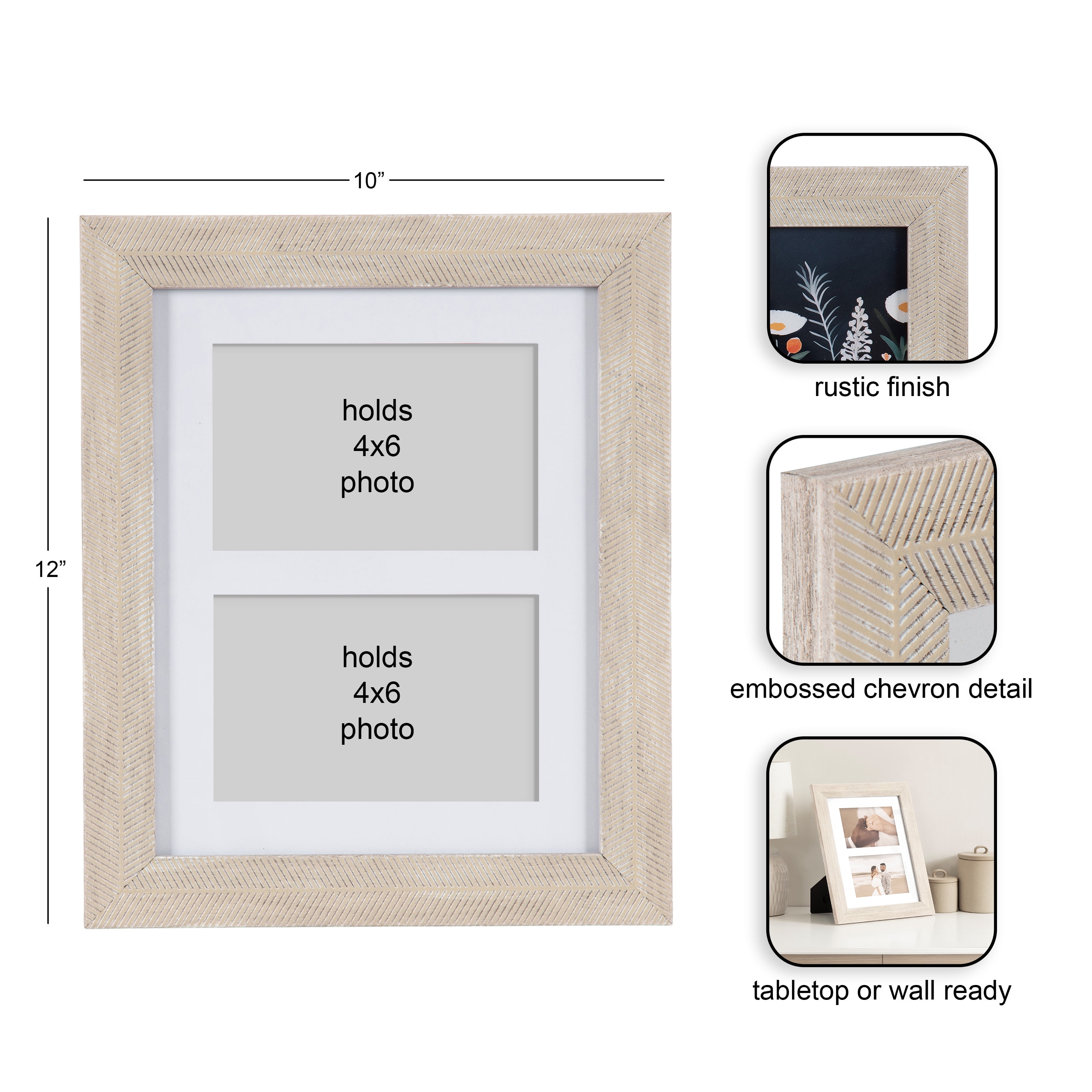 DesignOvation 8x10 Matted for (2) 4x6 Chevron Distresssed White/Natural Decorative Tabletop Picture Frame