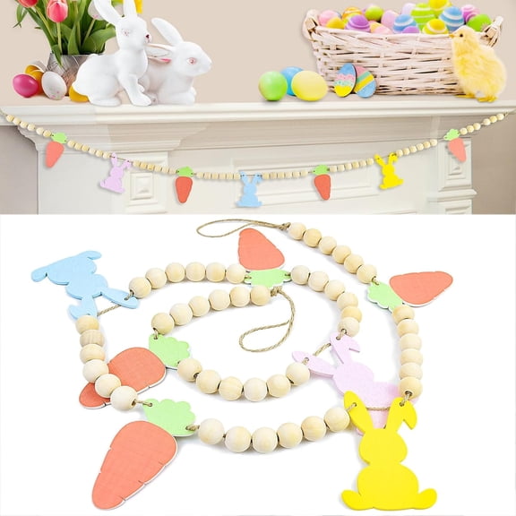 Easter Wooden Beads Garland 4.1ft Easter Day Colorful Spring Wood Beaded Hanging Garland Banner Indoor Outdoor Decorations with Bunny Carrot Tags for Mantle Wall Fireplace Tiered Tray Farmhouse