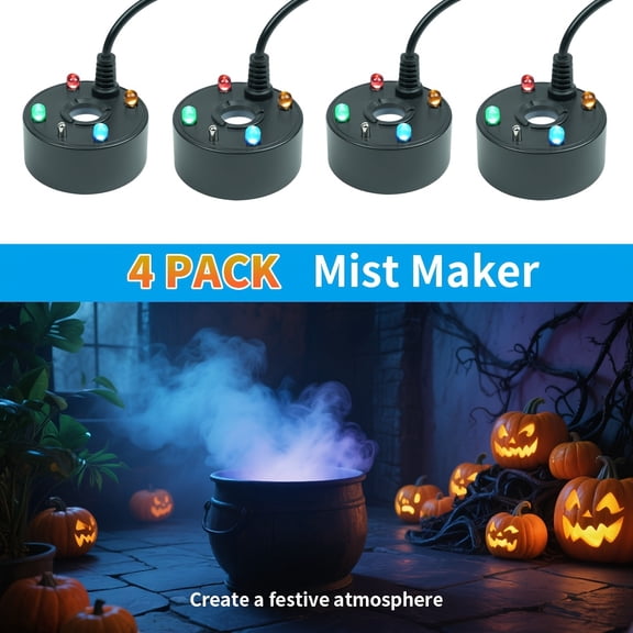 Mist Maker Fog Machine with 4 Color Changing LED Lights USB Ultrasonic for Halloween Decor Rockery Aquarium Water Feature 4 Pack