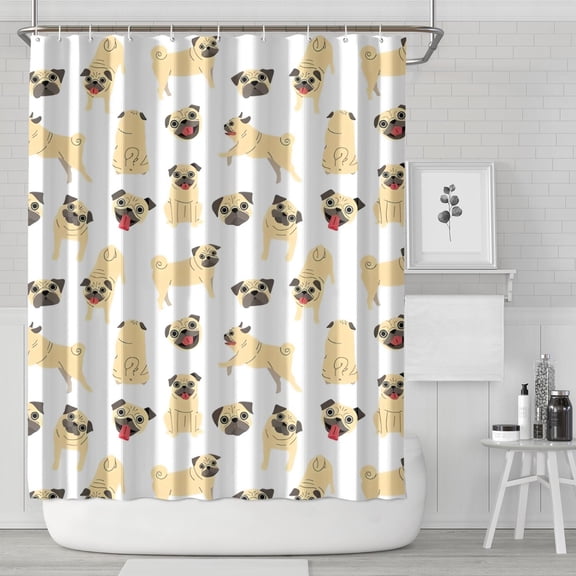 Cute Cartoon Pug Shower Curtain 72"x84" ,Bathroom Decorative Shower Curtains Set with 12 Hooks,Modern Waterproof Washable Shower Curtain