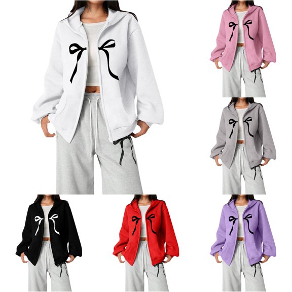 Huowey Youth Girls Kids Zip Up Sweatshirt Long Sleeve Cute Bow Print Hoodie Jacket With Pockets For Teen Back To School Sty Soft Casual Soft Oversized Stylish Fall Outerwear,White,7-8 Years