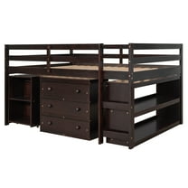 imerelez Low Study Full Loft Bed with Cabinet ,Shelves and Rolling Portable Desk ,Multiple Functions Bed- Espresso