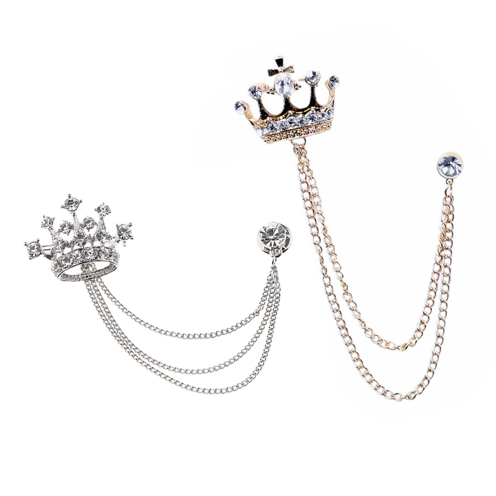 2pcs Royal Crystal Crown Tassel Chain Brooch Lapel Pin for Coat Suit Brooch