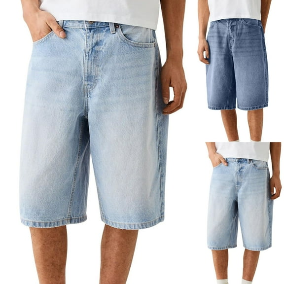 Mens Denim Shorts Casual Loose Fit Wide Leg Jean Shorts with Pockets Classic Zipper Stretch Baggy Shorts