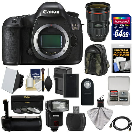 Canon EOS 5DS Digital SLR Camera Body with 24-70mm f/2.8L Lens + 64GB Card + Battery & Charger + Backpack + Grip + Flash + Kit