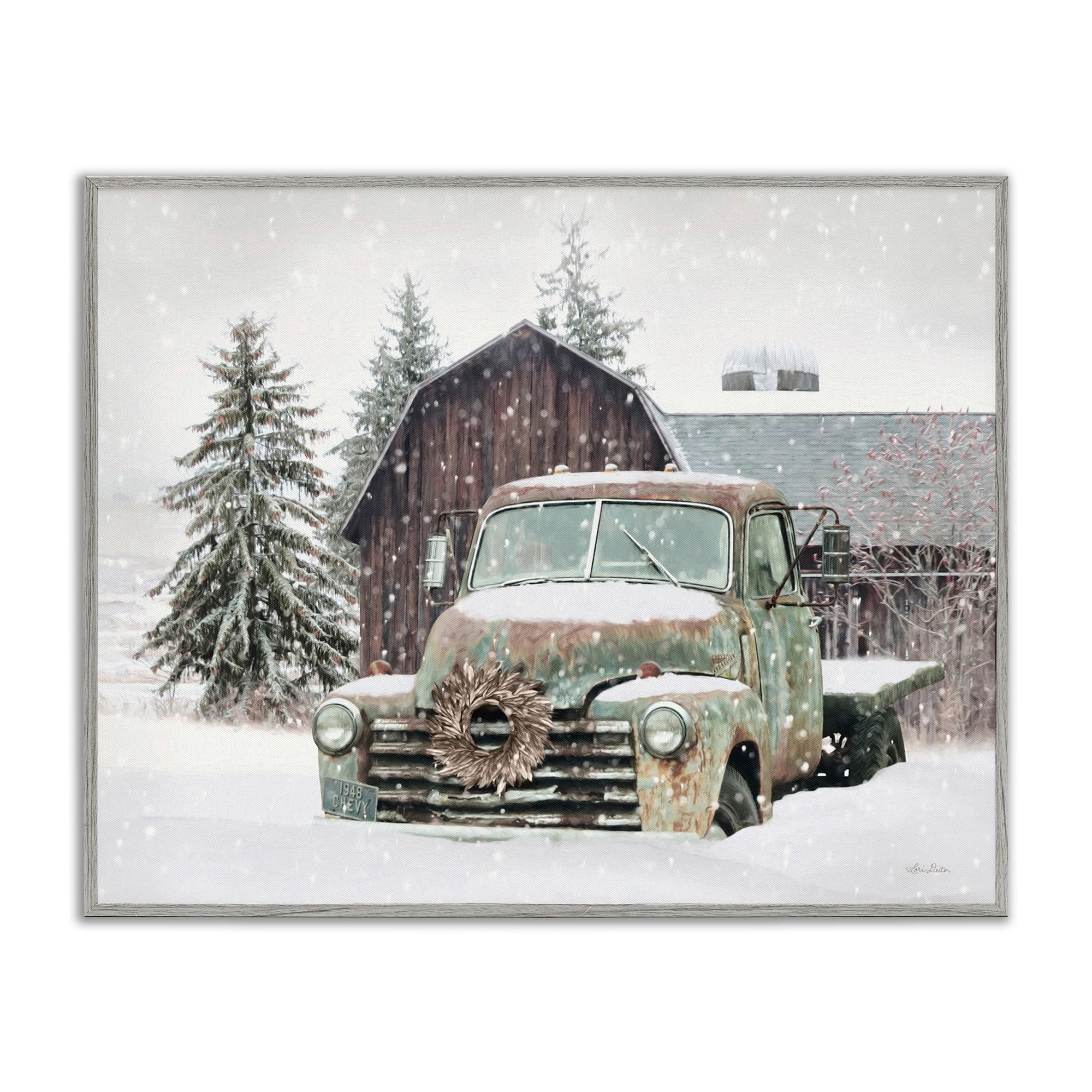 Rural Vintage Truck & Barn Snowy Winter Landscape Transportation Painting Framed Art Print Wall Art