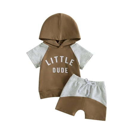 

Toddler Infant Newborn Baby Boys Outfit Color Block Alphabet Hoodie with Drawstring Contrast Shorts Set 2Pcs Coffee 0-6 Months