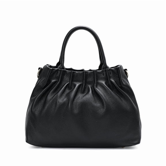 Genuine Leather Ruched Bag, Women's Grainy Bucket Handbag Shoulder Crossbody Purse