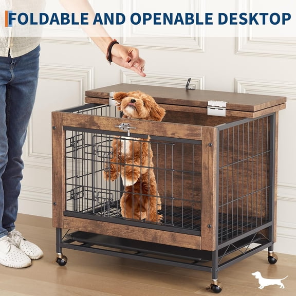 Acekid Dog Crate Furniture Multi-Functional 2 Doors Heavy Duty Indoor Puppy Cage Kennel Wooden Crate Dog House Ca