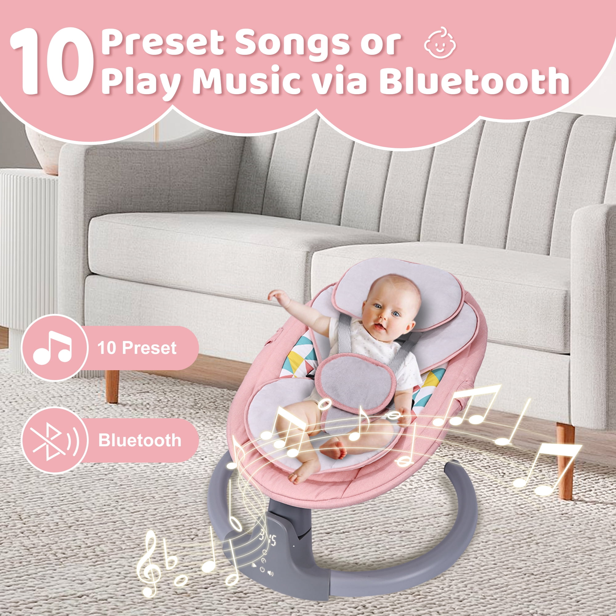 Baby Swing,HDJ Baby Swing for Infants,Portable Electric Baby Rocker with 5 Sway Speed,10 Preset Songs,Remote Control,Bluetooth Music,Pink