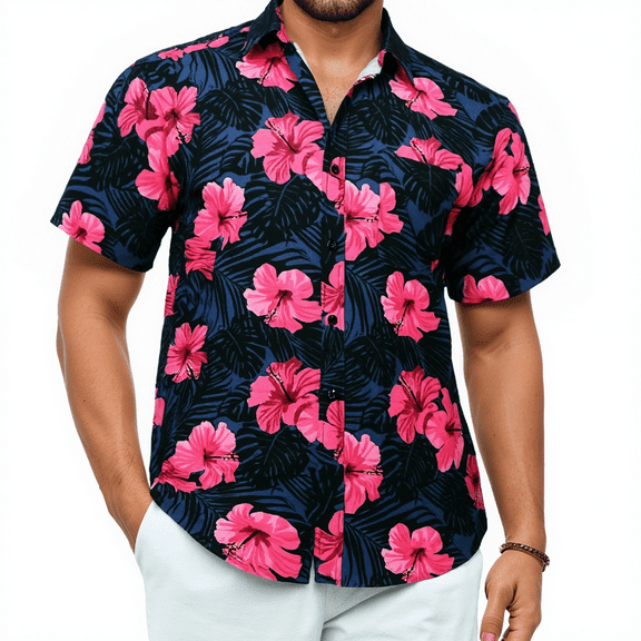 Mens Hawaiian Shirts Short Sleeve Summer Beach Aloha Shirt Tropical Floral Casual Button Down Shirt Hot Pink