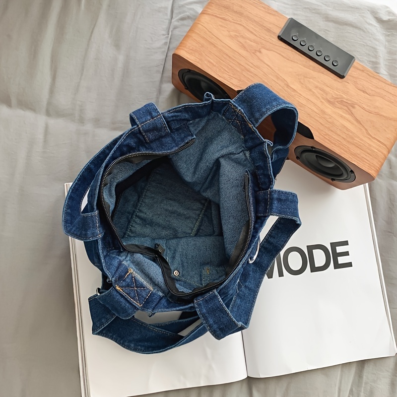 Denim Tote Bag for women bleached jean purse Large Capacity Zipper