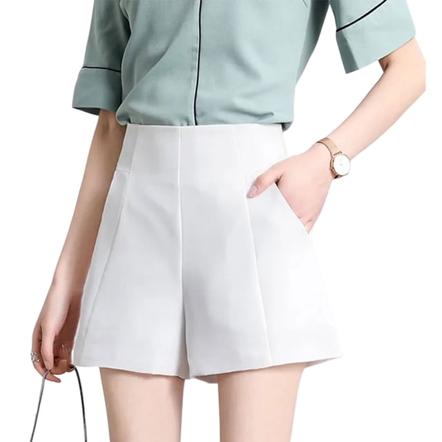 Minnieouse Primavera Verano cintura alta elegante Color sólido Casual A-line pantalones cortos sueltos pierna ancha traje Delgado señoras Prendas para la parte inferior del cuerpo Blanco 3XL