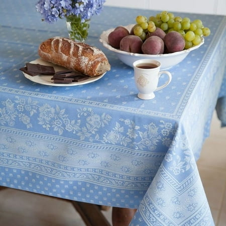 

Rectangular Jacquard Blue Tablecloth 63 x 138 Acrylic Coated Easy Care Provencal Luxury French Linen