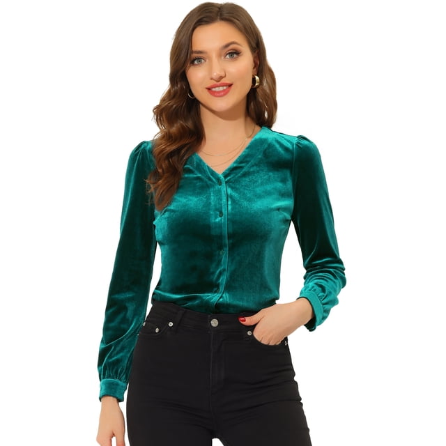 Blusa de mujer con cuello en V y manga larga de terciopelo con pliegues delanteros y botones Verde L
