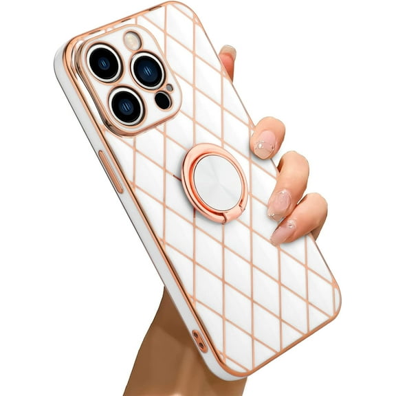 Compatible with iPhone 14 Pro Case Plating Electroplate Mental Ring Kickstand Luxury Case Soft TPU Shockproof Back Cover iPhone 14 Pro Case for Girls Women -White
