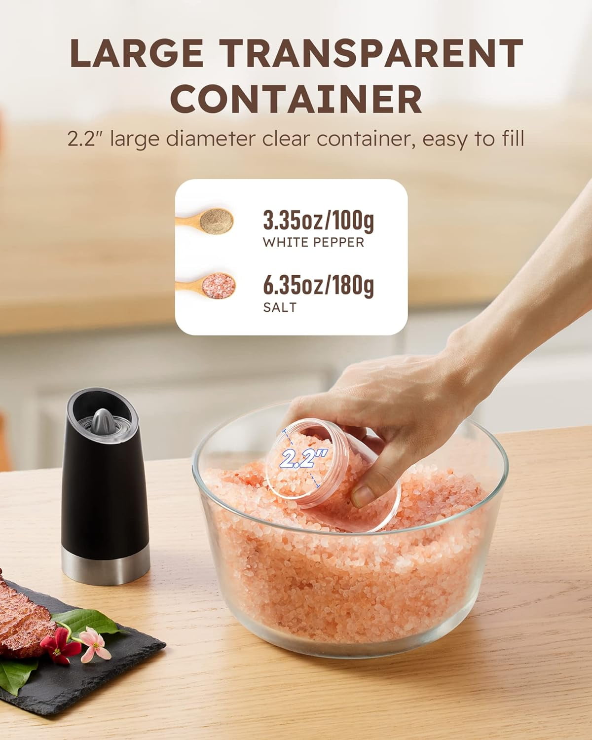 2 Pack Gravity Electric Salt and Pepper Grinder Set Automatic Battery Powered Salt Mill, Adjustable Coarseness, with Blue LED Light