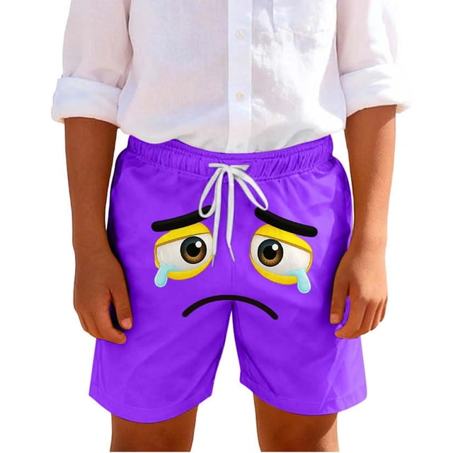 Toddler Boys Swim Trunks Kids Girls Solid Color Cute Expression Print Summer Breathable Pocket Shorts, Soft Polyester