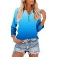 thumbnail image 3 of Women's Casual Tees V Neck Button 3/4 Sleeve Gradient Color Print Pullover Lighweight Casual Tunic Blouse Loose Fit (XL, Blue), 3 of 9